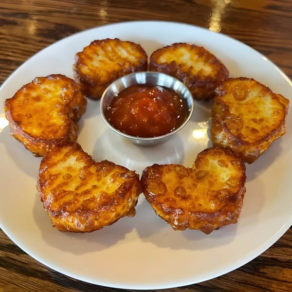 Six golden-brown fried Venezuelan tequeños arranged around a small metal cup of red dipping sauce.